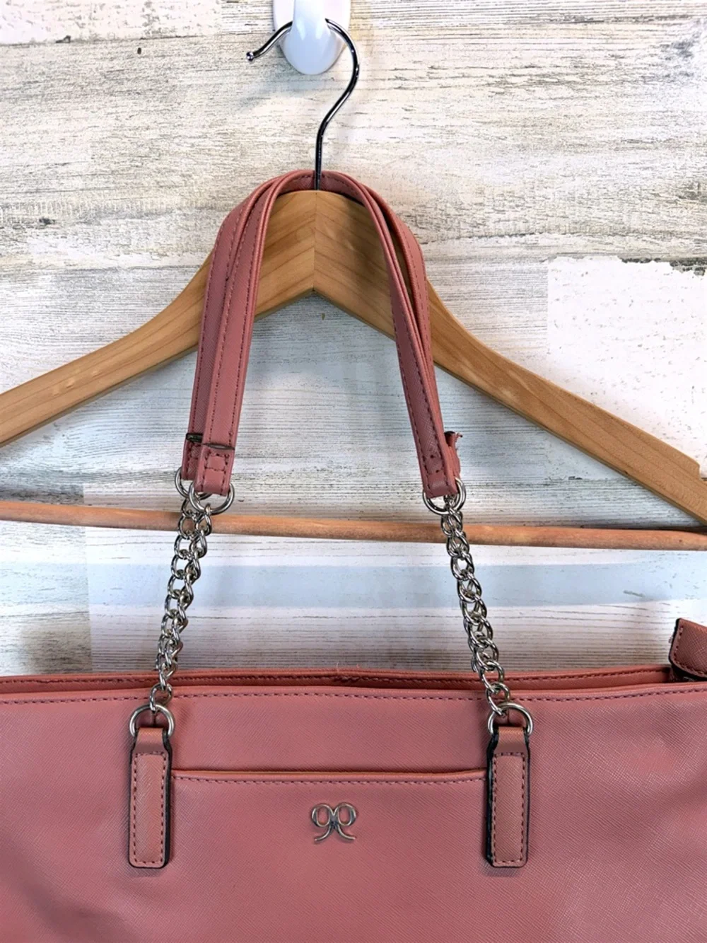 Nine West Dusty Rose Tote Bag Vegan Leather Chain Strap Minimal Chic